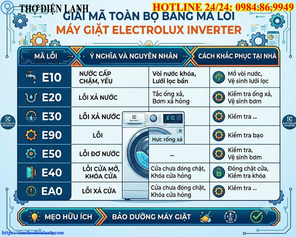 bảng mã lỗi máy giặt Electrolux Inverter