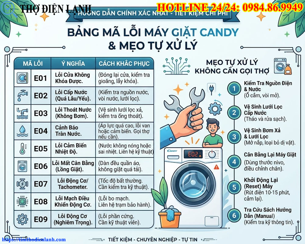 Bảng Mã Lỗi Máy Giặt Candy