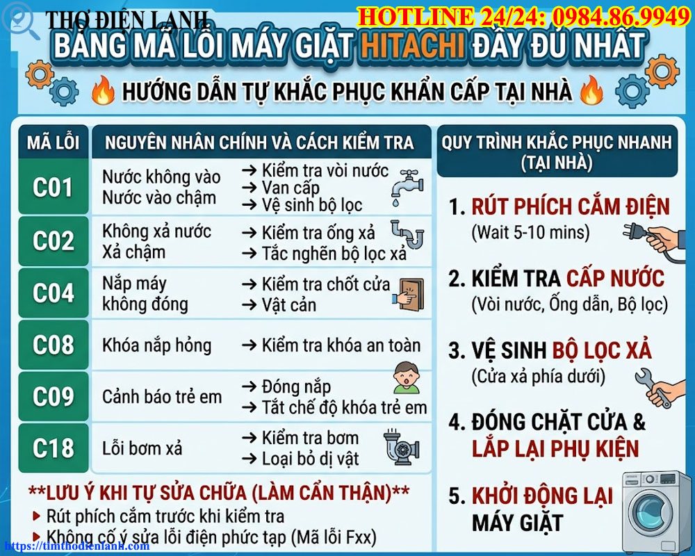 Bảng Mã Lỗi Máy Giặt Hitachi