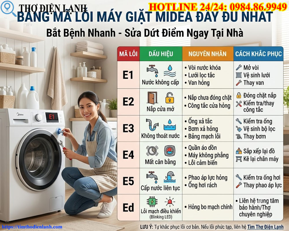 Bảng Mã Lỗi Máy Giặt Midea