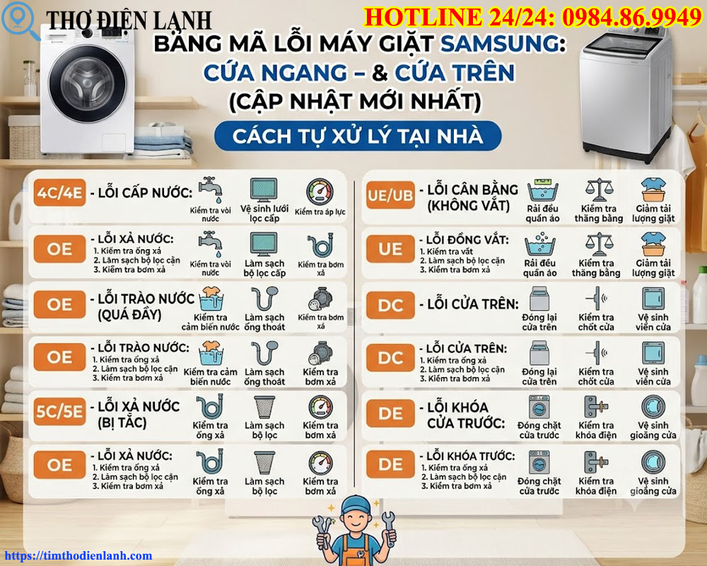 Bảng Mã Lỗi Máy Giặt Samsung Cửa Ngang & Cửa Trên