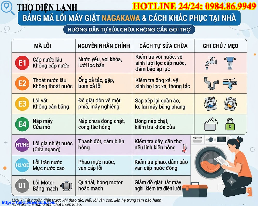 Bảng mã lỗi máy giặt Nagakawa