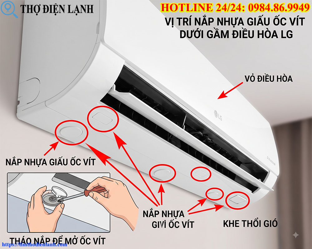 Vị trí các nắp nhựa giấu ốc vít dưới gầm điều hòa LG