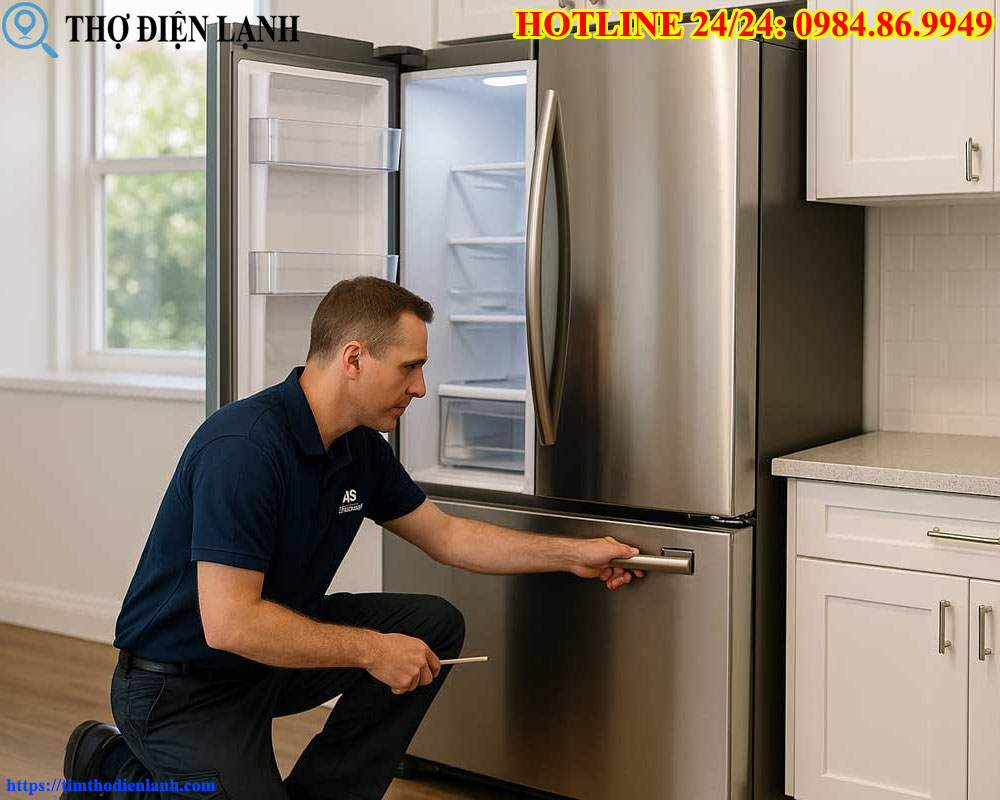 Thợ chuyên nghiệp đang bảo dưỡng tủ lạnh tại nhà cho khách hàng