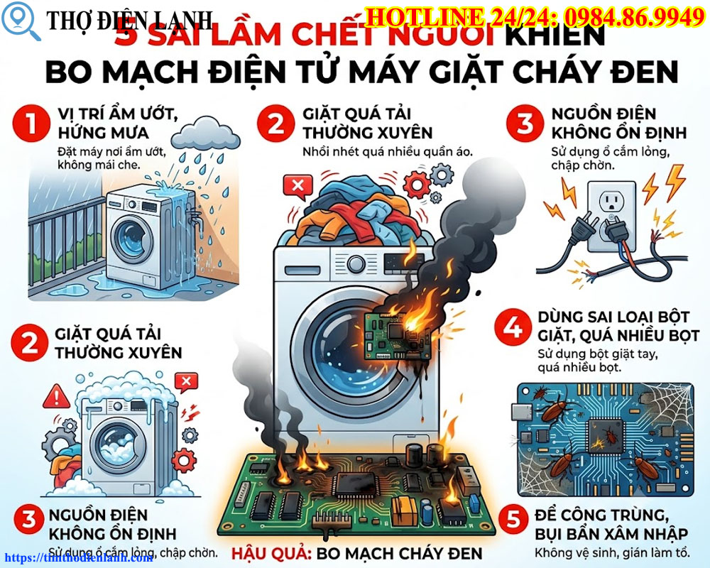 5 Sai Lầm Chết Người Khiến Bo Mạch Điện Tử Máy Giặt Cháy Đen