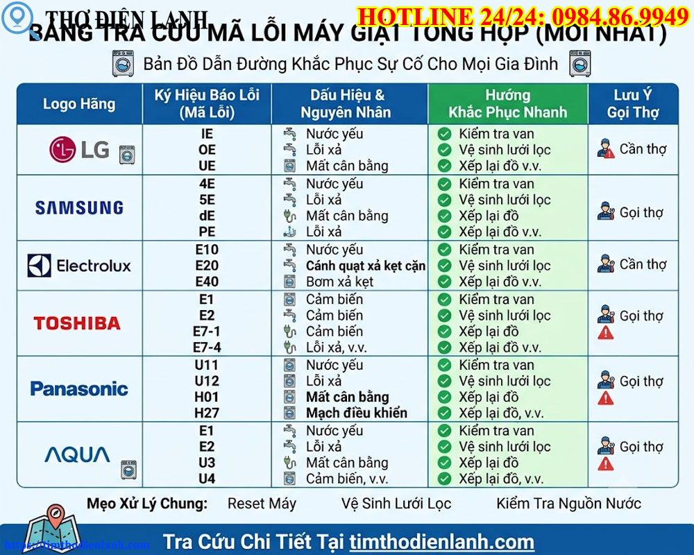 Bảng Tra Cứu Ký Hiệu Báo Hỏng Máy Giặt Đầy Đủ Nhất