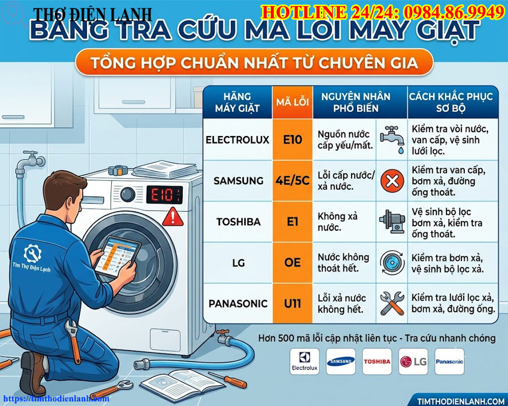 Bảng Tra Cứu Mã Lỗi Máy Giặt