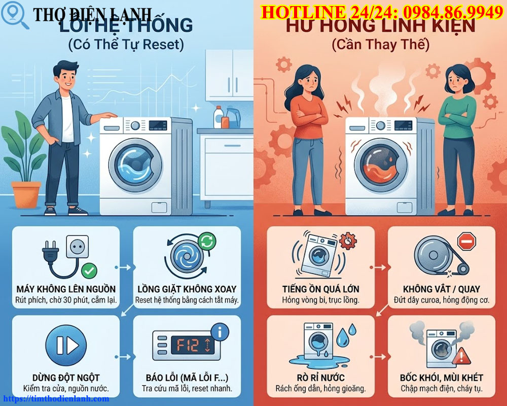 Cách Nhận Biết Lỗi Hệ Thống Và Hư Hỏng Linh Kiện Máy Giặt