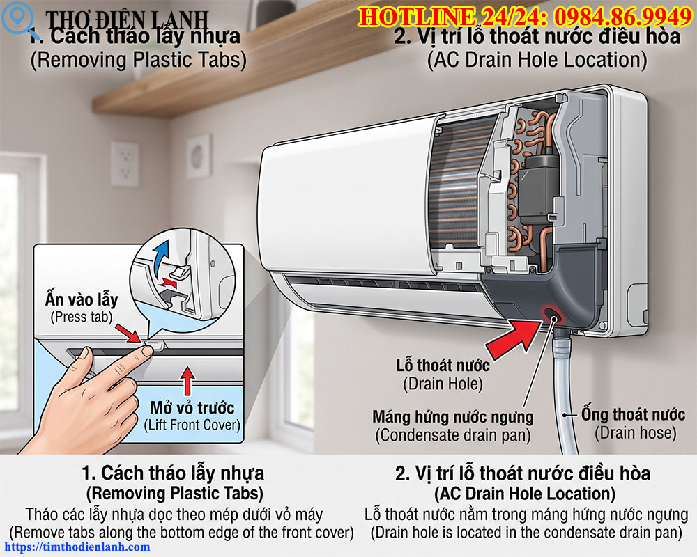 Cách tháo lẫy nhựa và vị trí lỗ thoát nước điều hòa