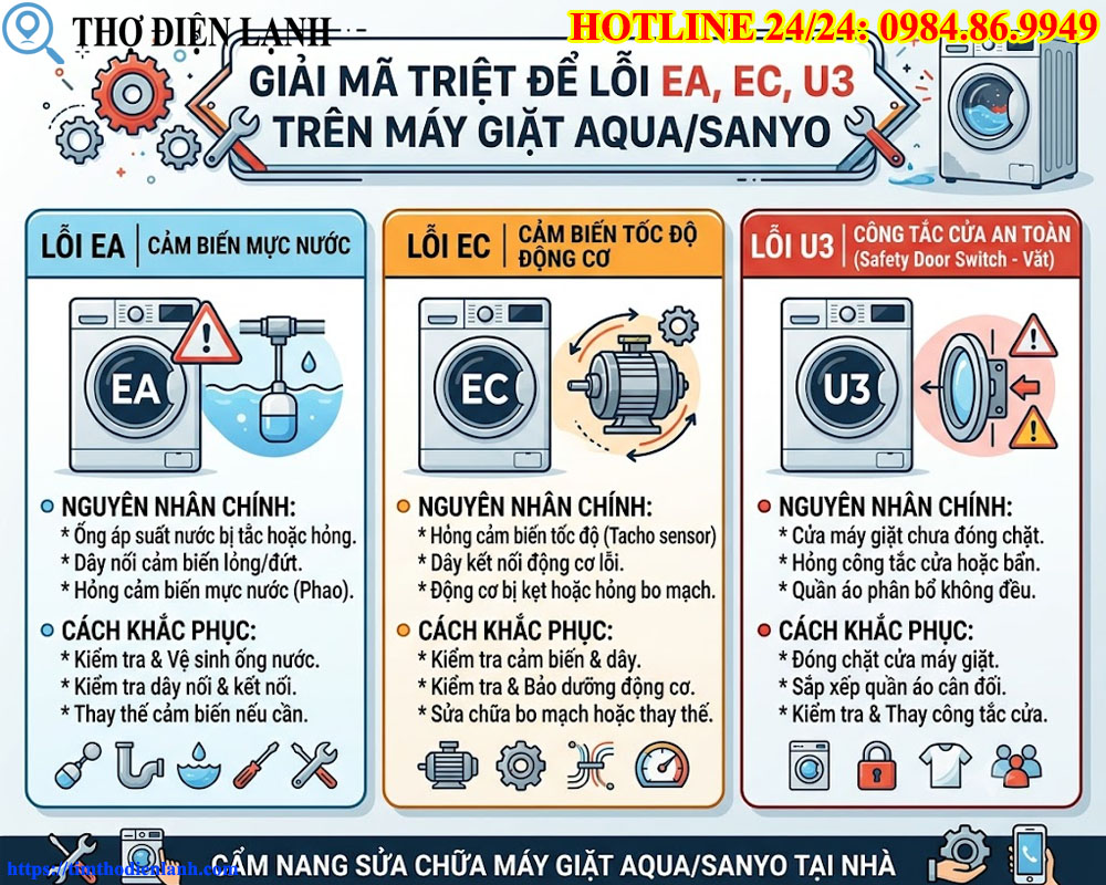 Giải Mã Triệt Để Lỗi EA, EC, U3 Trên Máy Giặt Aqua/Sanyo