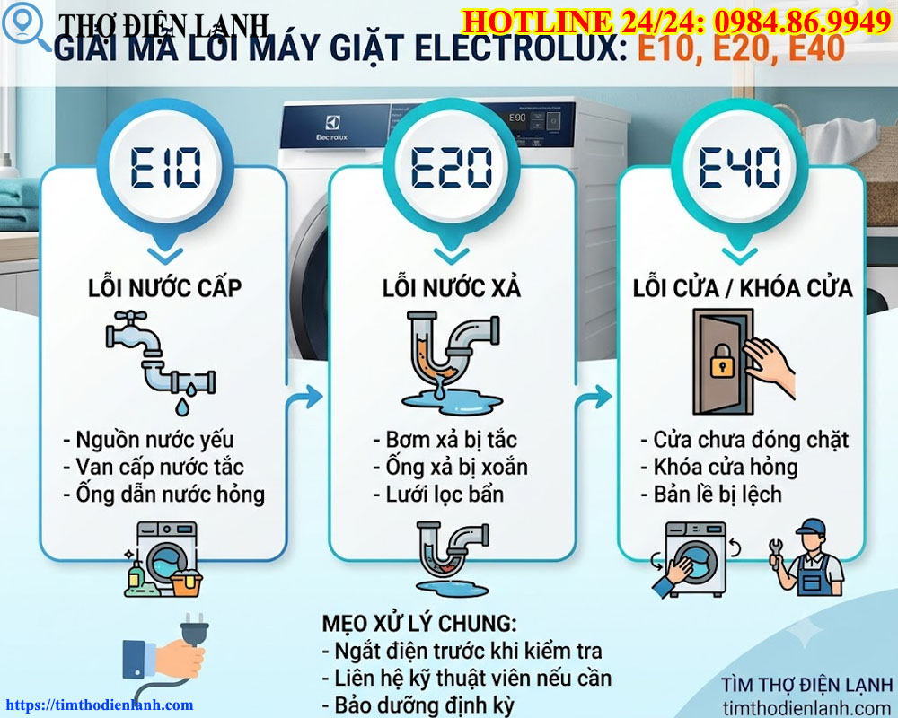 Giải mã ngay máy giặt Electrolux báo lỗi E10, E20, E40