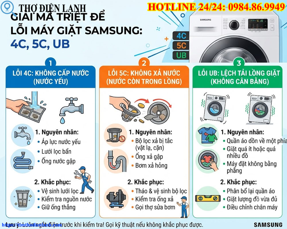 Giải mã triệt để lỗi máy giặt Samsung 4C, 5C, UB
