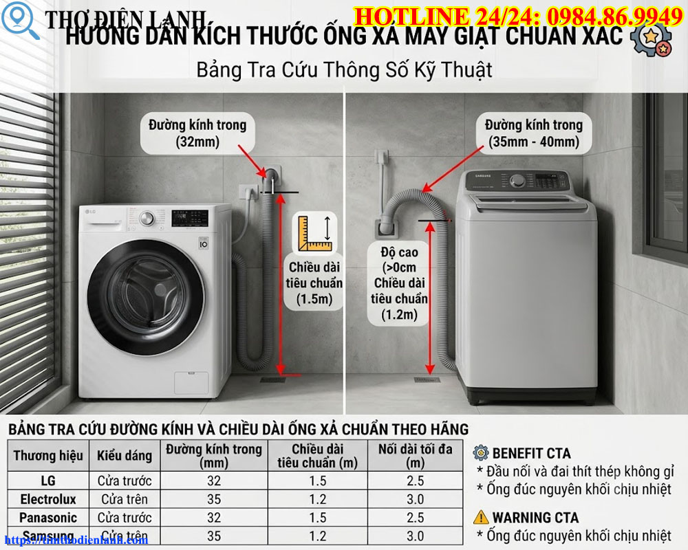 Kích Thước Ống Xả Máy Giặt Chuẩn Xác