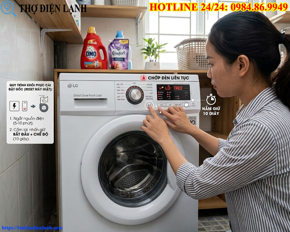 khôi phục cài đặt gốc khi máy giặt bị treo, chớp nháy đèn liên tục