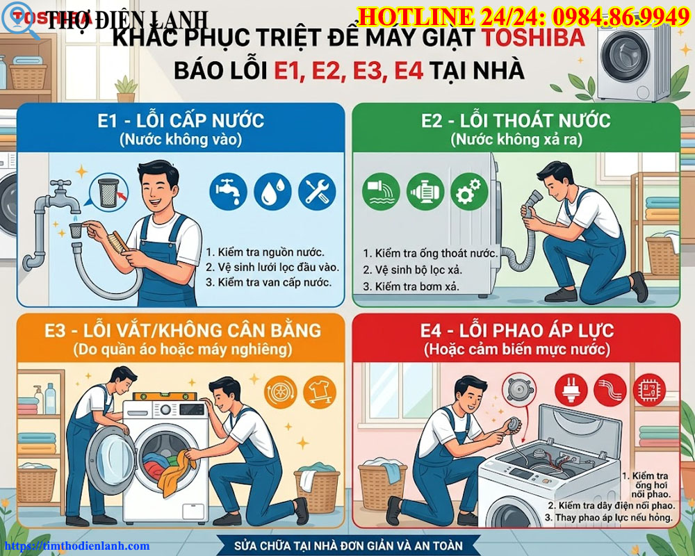máy giặt Toshiba báo lỗi E1, E2, E3, E4