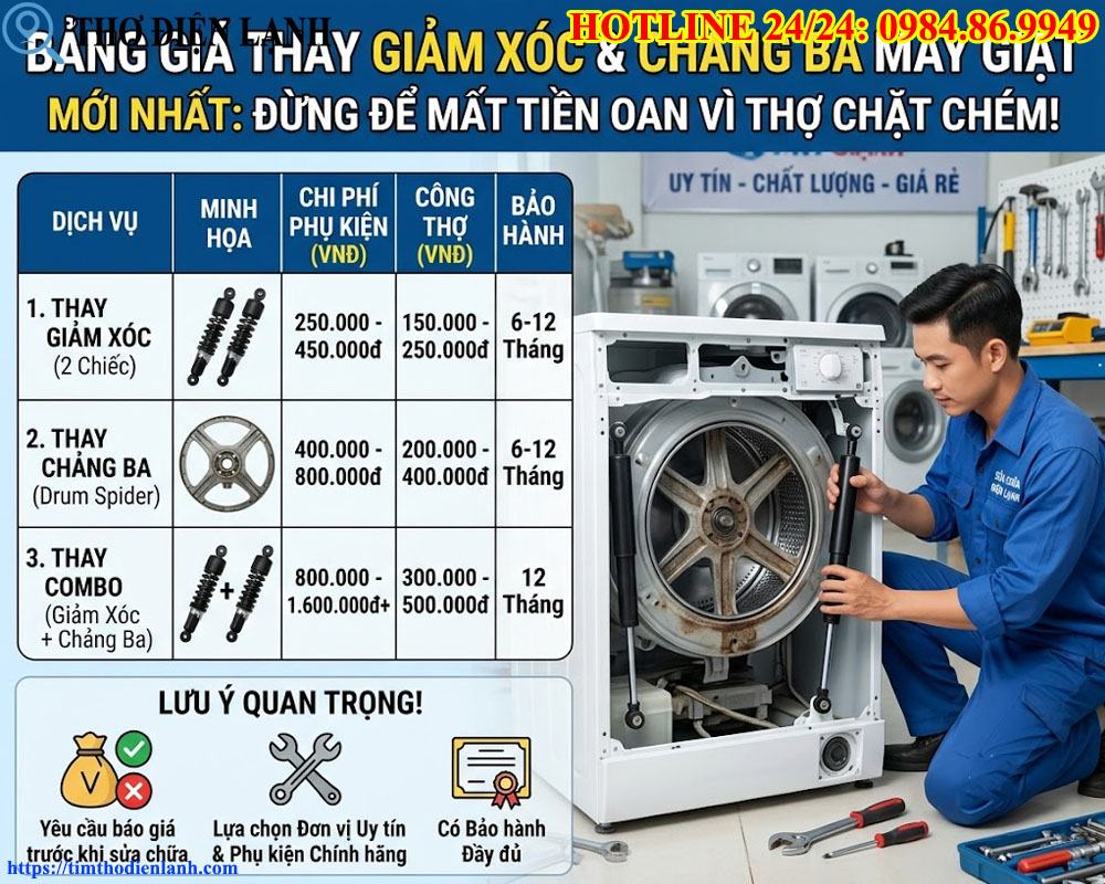 Bảng Giá Thay Bộ Giảm Xóc, Chảng Ba Máy Giặt