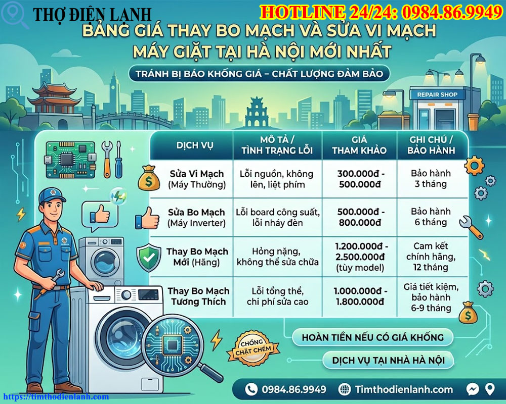 Bảng Giá Thay Bo Mạch Và Sửa Vi Mạch Máy Giặt Tại Hà Nội