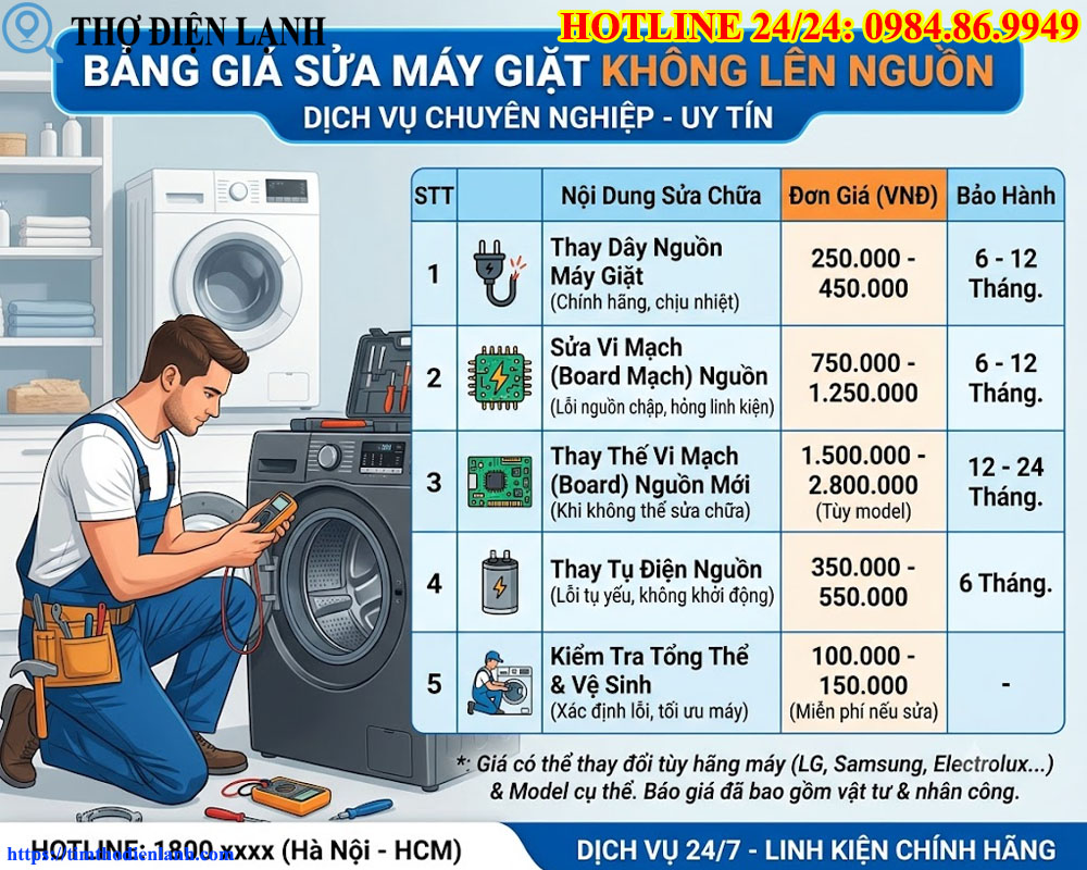 Bảng giá sửa máy giặt không lên nguồn