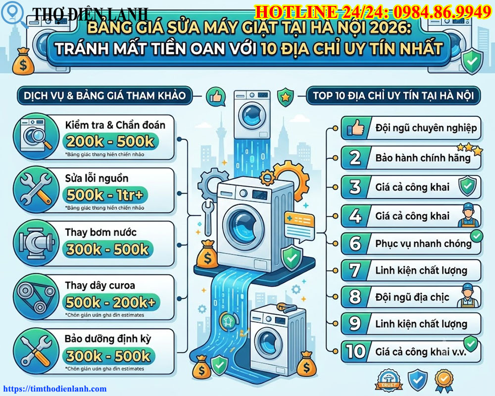 Bảng giá sửa máy giặt tại Hà Nội 2026