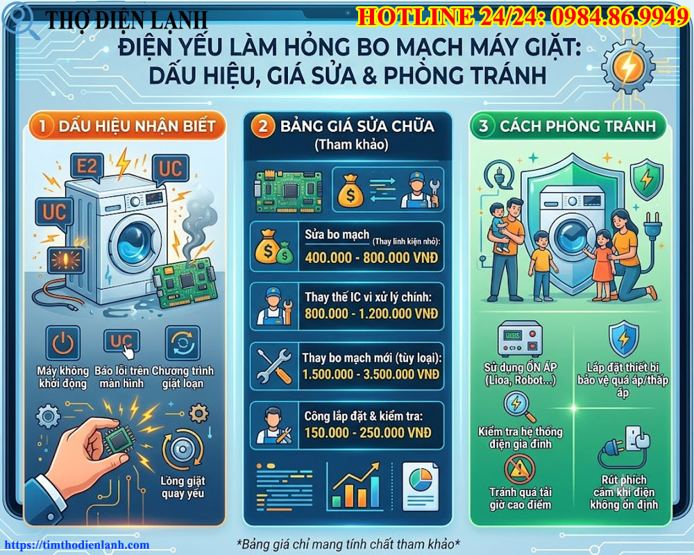Điện yếu làm hỏng bo mạch máy giặt