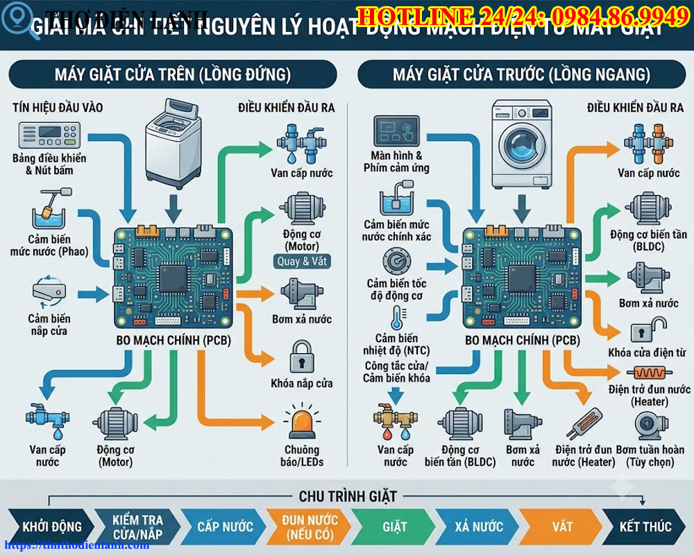 Giải Mã Chi Tiết Nguyên Lý Hoạt Động Của Mạch Điện Tử Máy Giặt Cửa Trên Và Cửa Trước