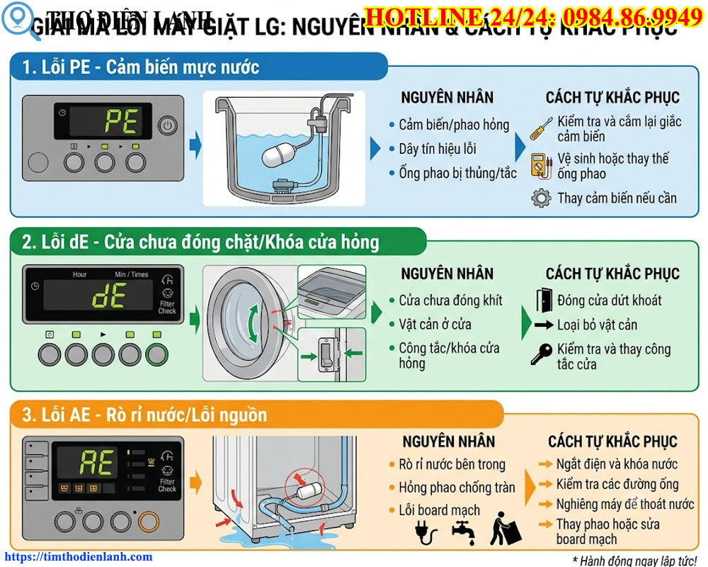 Giải mã 3 lỗi máy giặt LG PE, dE, AE