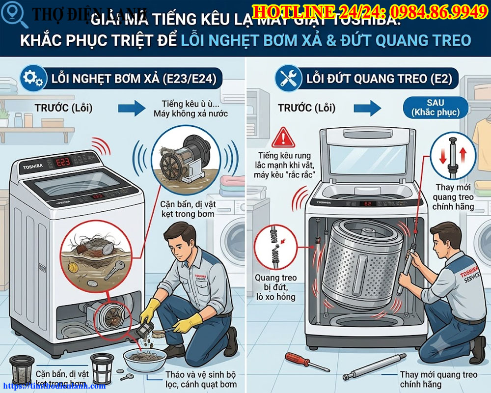 Giải mã tiếng kêu lạ trên máy giặt Toshiba