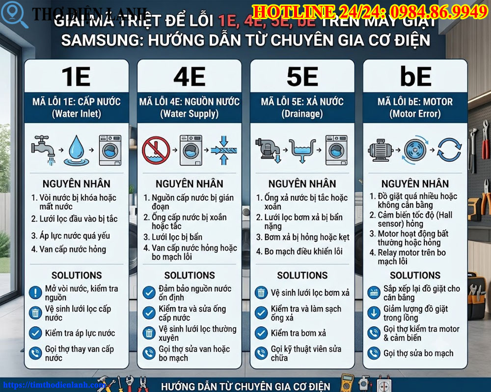 Giải mã triệt để lỗi 1E, 4E, 5E, bE trên máy giặt Samsung