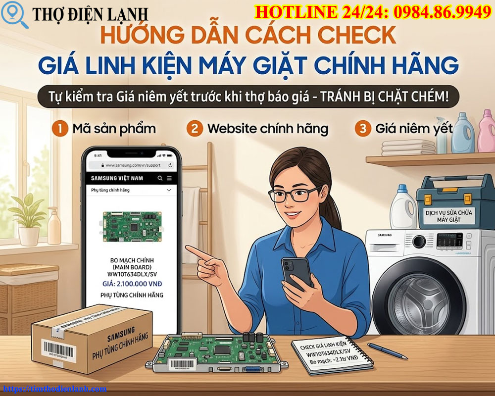 Hướng dẫn cách check giá linh kiện máy giặt chính hãng trước khi thợ báo giá