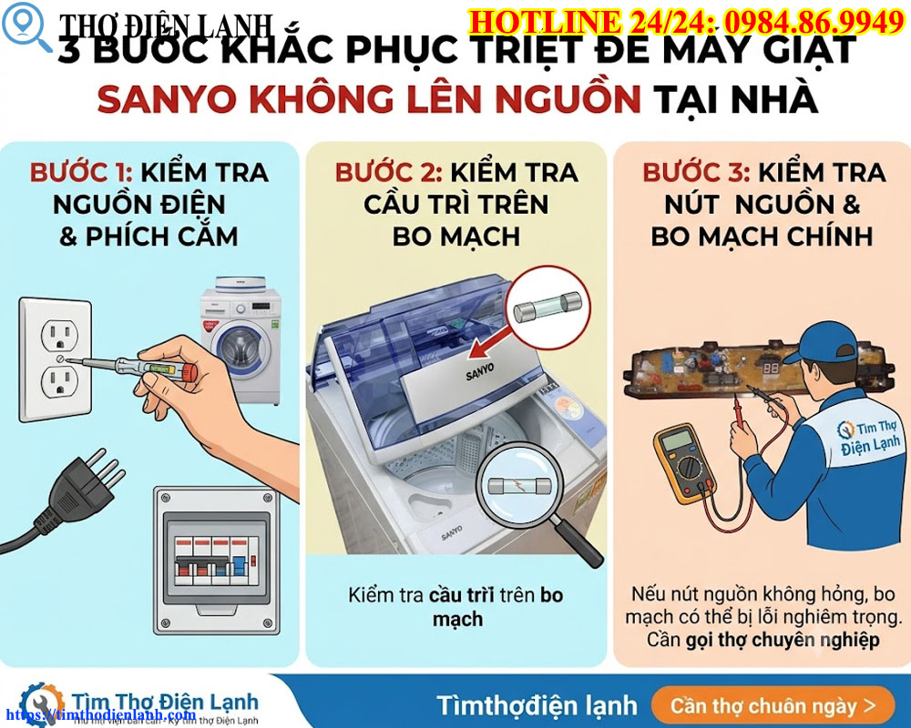 Khắc phục triệt để máy giặt Sanyo không lên nguồn