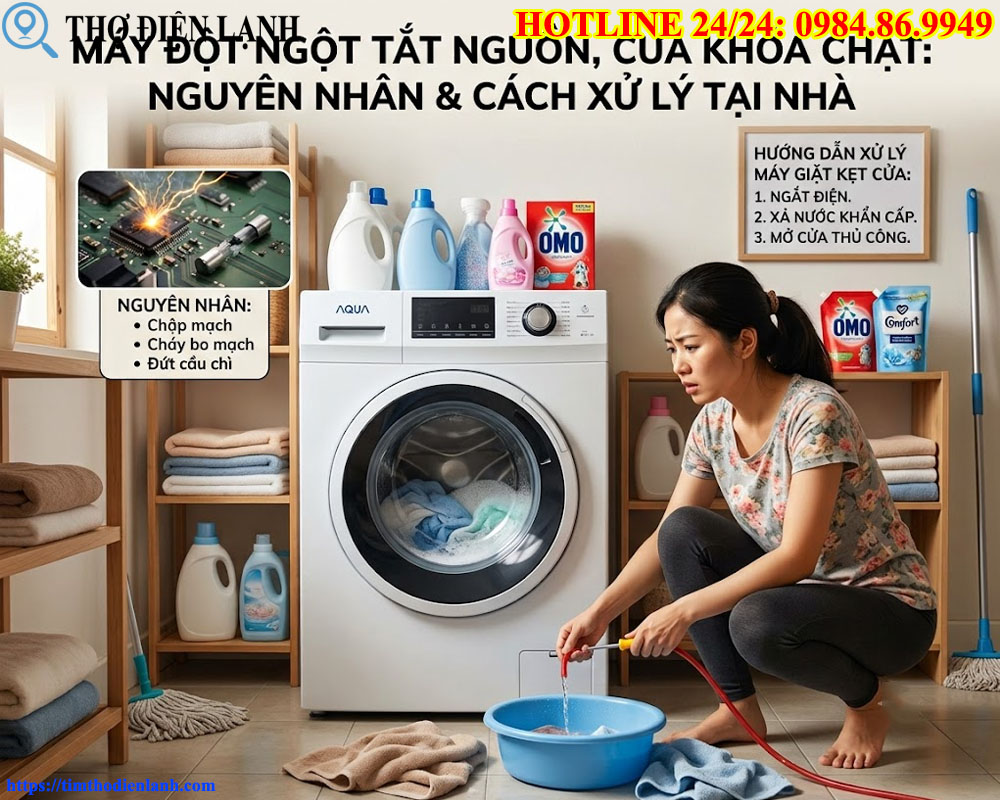 Máy giặt Mất nguồn kèm kẹt chốt cửa
