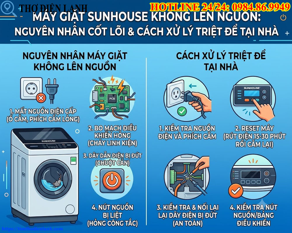 Máy giặt Sunhouse không lên nguồn