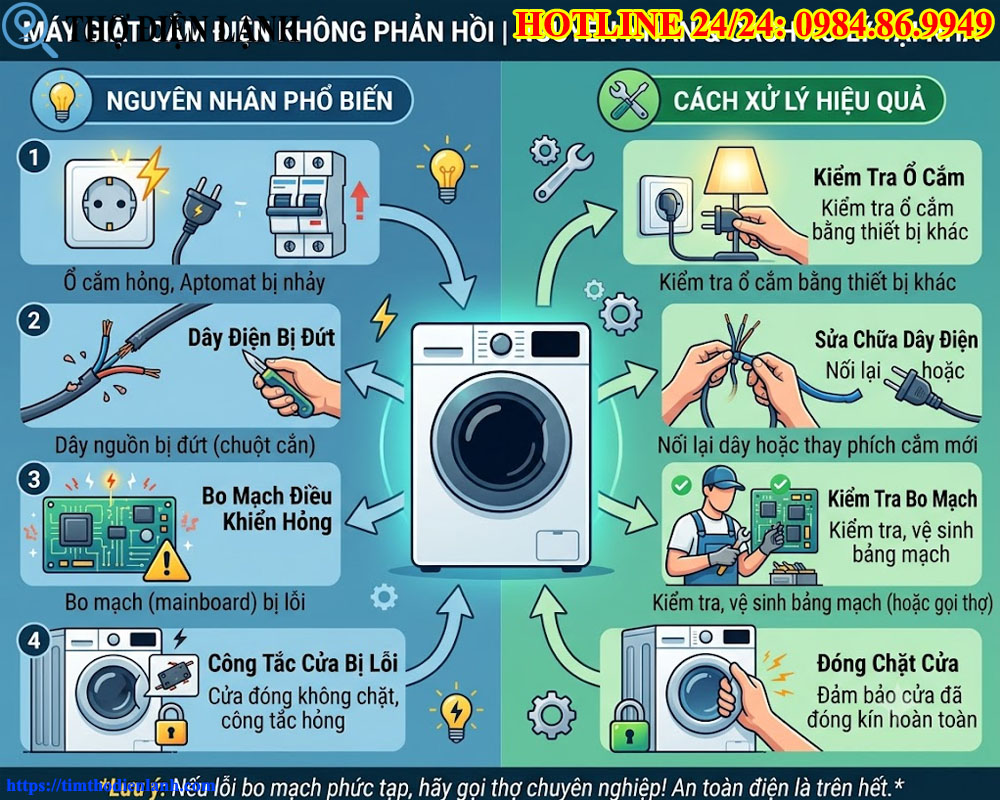 Máy giặt cắm điện nhưng không phản hồi