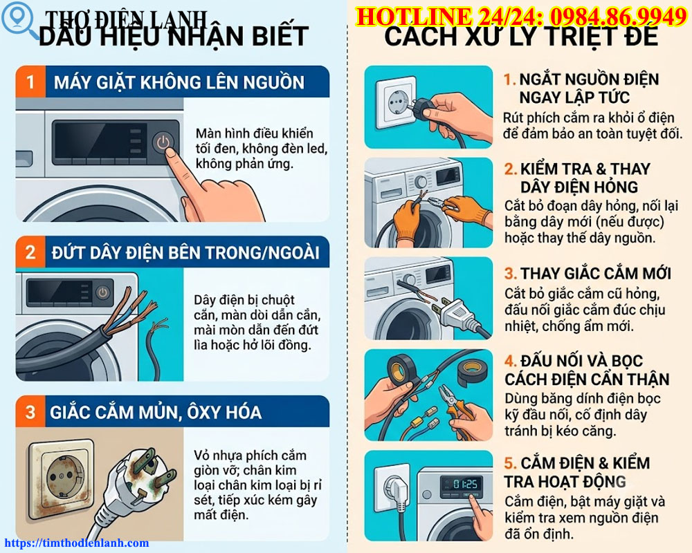 Máy giặt mất điện do đứt dây, mủn giắc cắm
