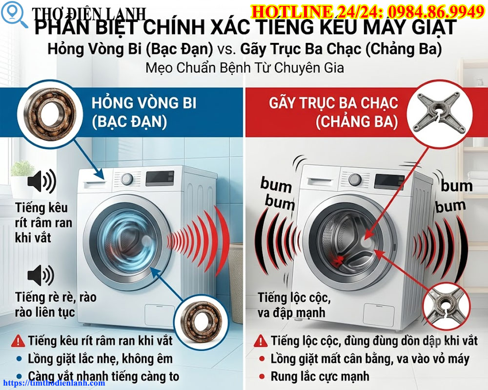Phân Biệt Tiếng Kêu Máy Giặt Hỏng Vòng Bi Hay Gãy Trục Ba Chạc
