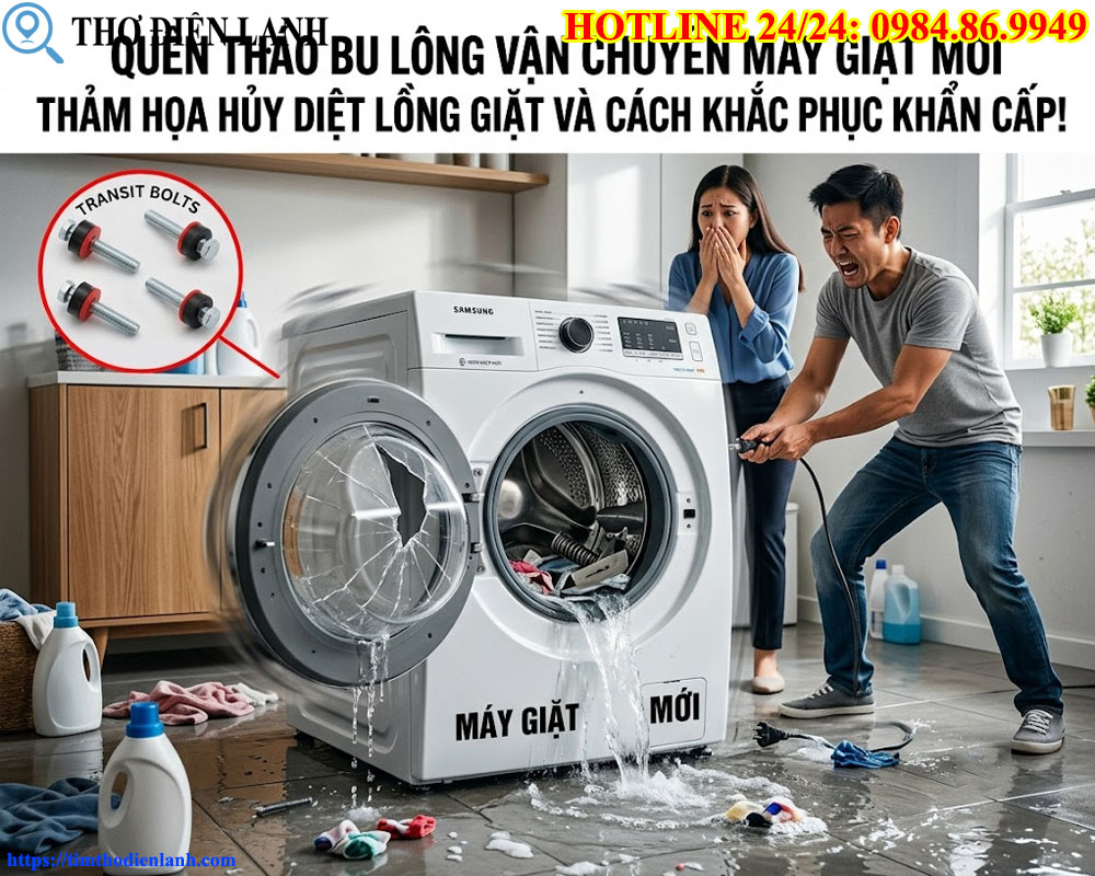 Quên tháo bu lông vận chuyển máy giặt