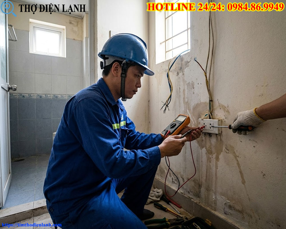 Thợ đang kiểm tra và sửa điện bị rò rỉ