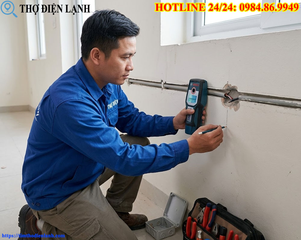 Thợ đang rò điện âm tường bị đứt tại nhà khách hàng