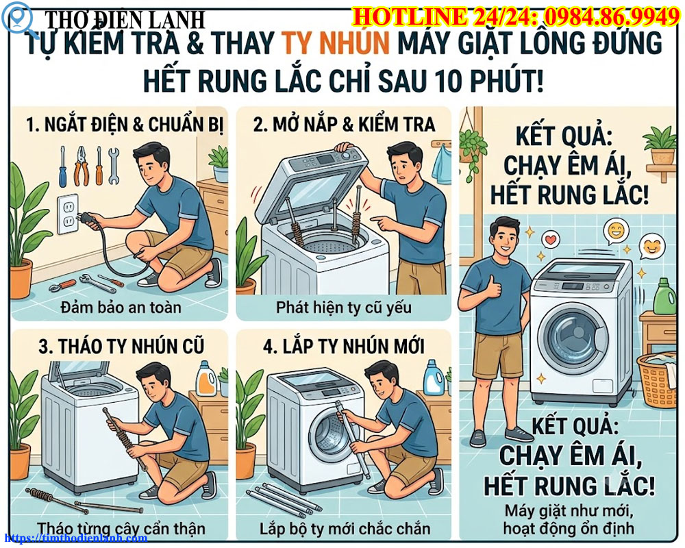 Tự Kiểm Tra Và Thay Ty Nhún Máy Giặt