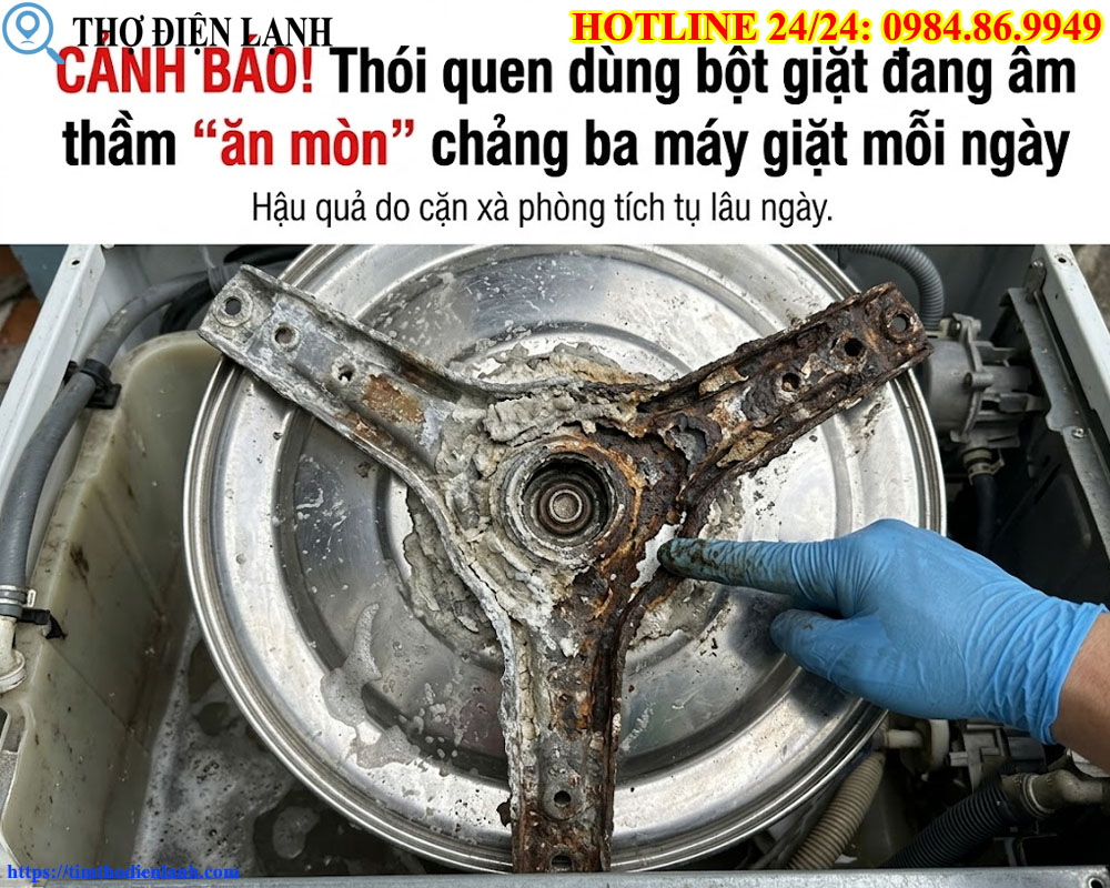 dùng bột giặt ăn mòn chảng ba máy giặt