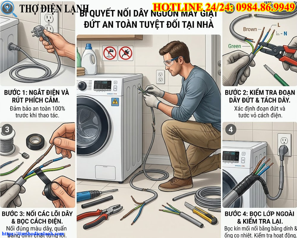 Kiểm tra và nối dây nguồn máy giặt