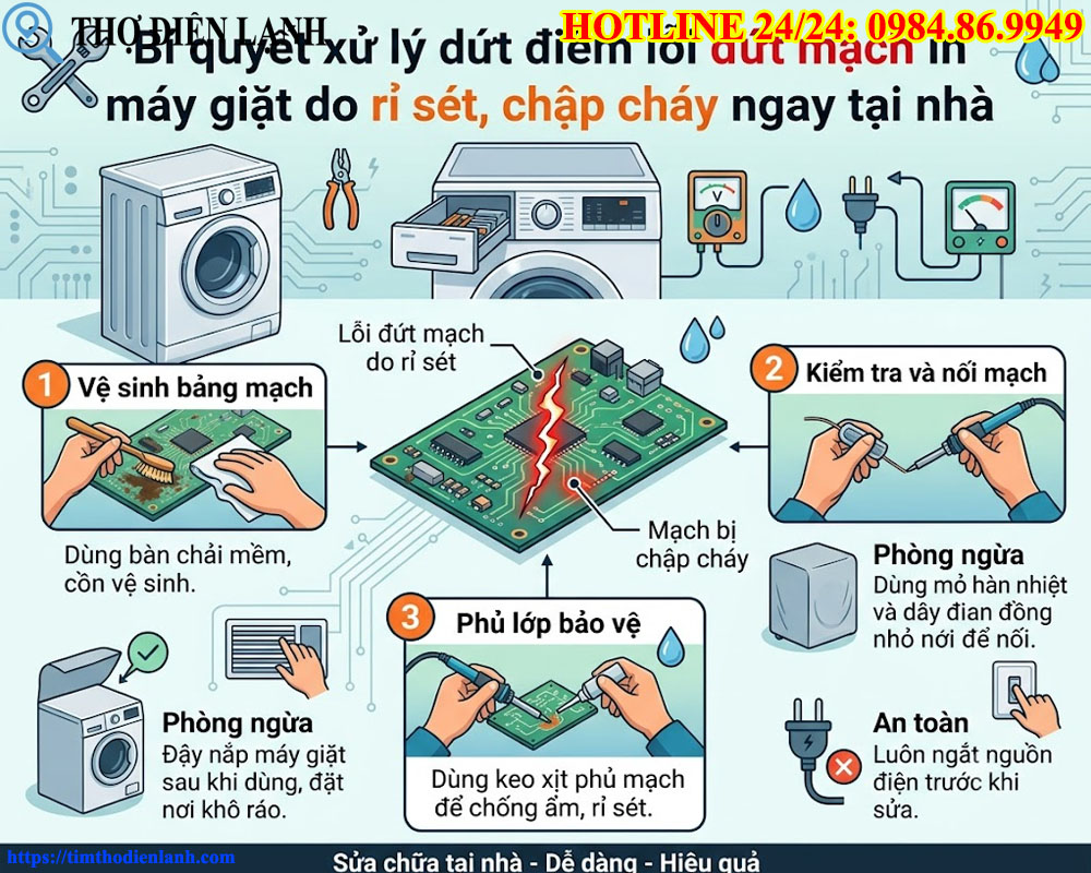 xử lý dứt điểm lỗi đứt mạch in máy giặt