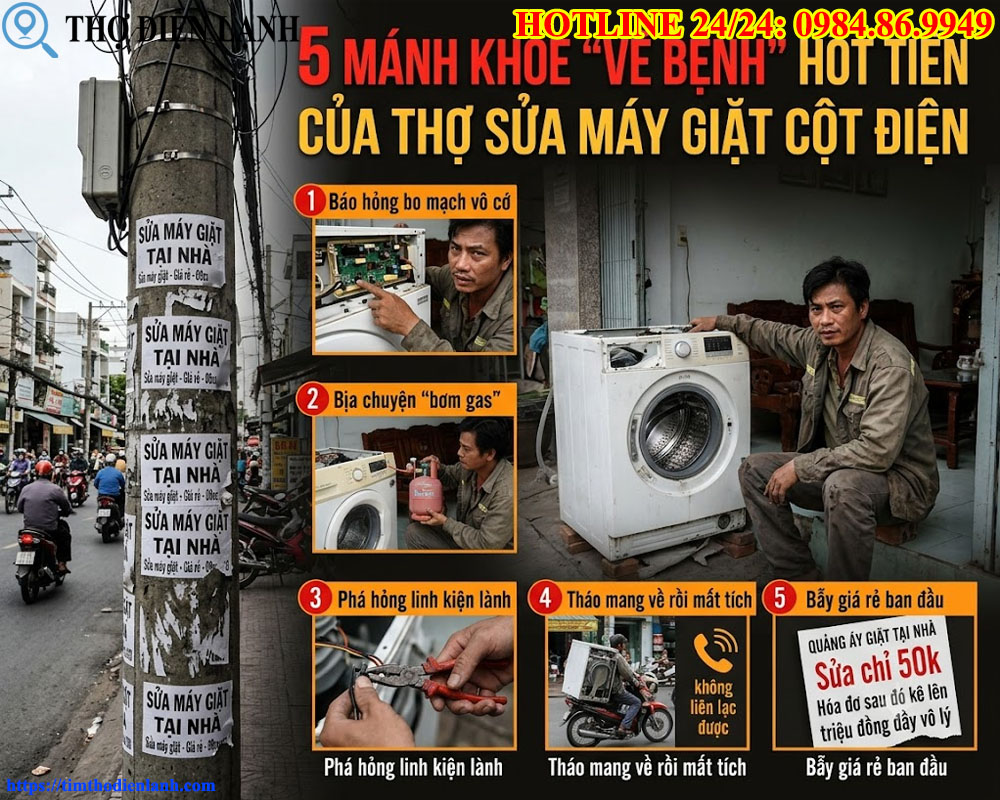5 mánh khóe vẽ bệnh hốt tiền của thợ sửa máy giặt dán tờ rơi cột điện tại TP.HCM