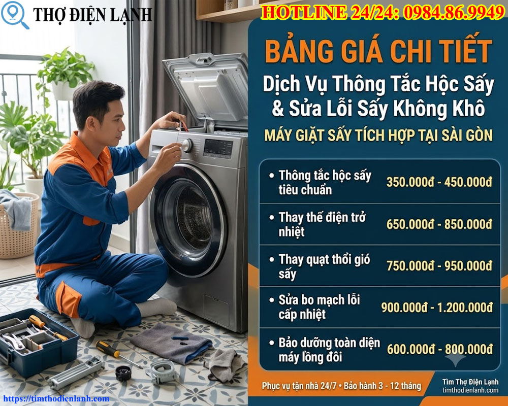 Bảng Giá Chi Tiết Dịch Vụ Thông Tắc Hộc Sấy Và Xử Lý Triệt Để Lỗi Không Khô Trên Máy Giặt Tích Hợp Tại Sài Gòn