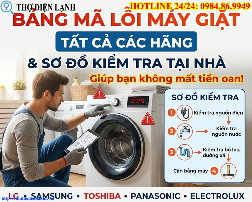 Bảng mã lỗi máy giặt tất cả các hãng & Sơ đồ kiểm tra tại nhà