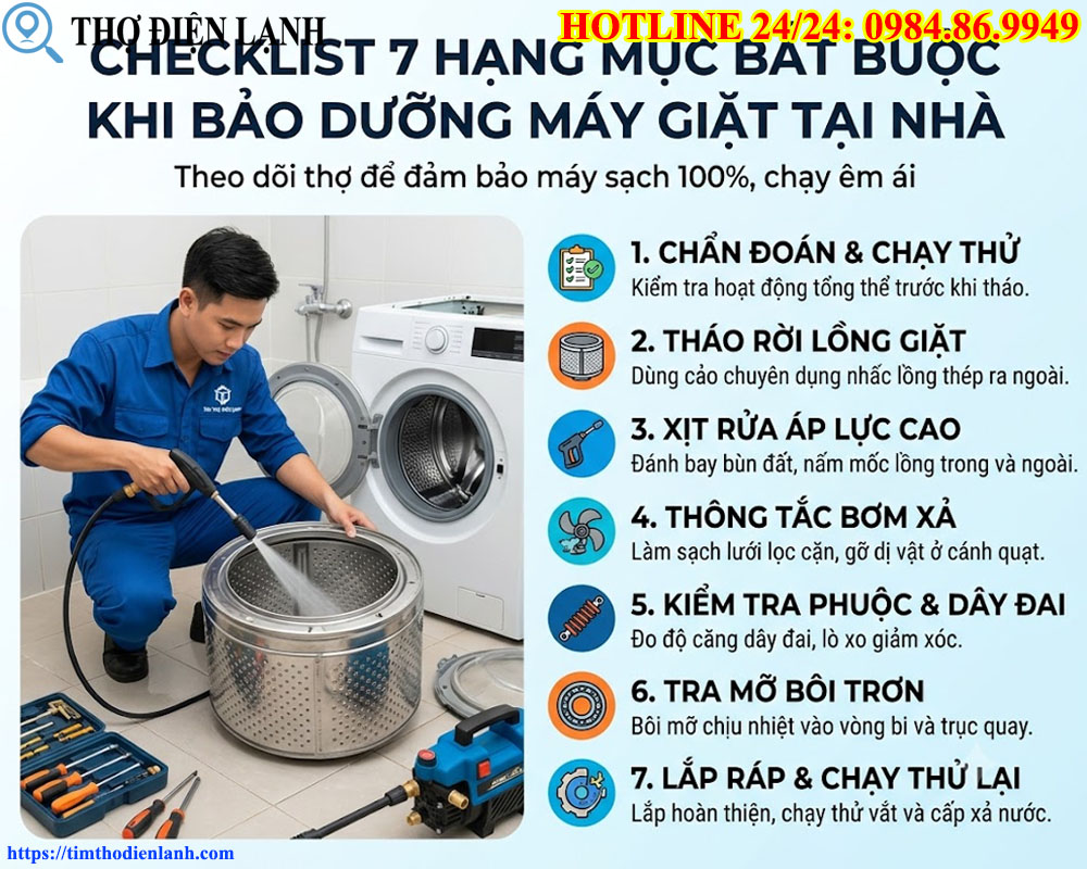 Checklist 7 hạng mục cần phải làm khi thợ đến bảo dưỡng máy giặt định kỳ tại nhà