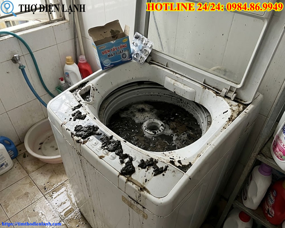 Dùng viên tẩy lồng máy giặt xong, cặn đen trào ra nhiều hơn