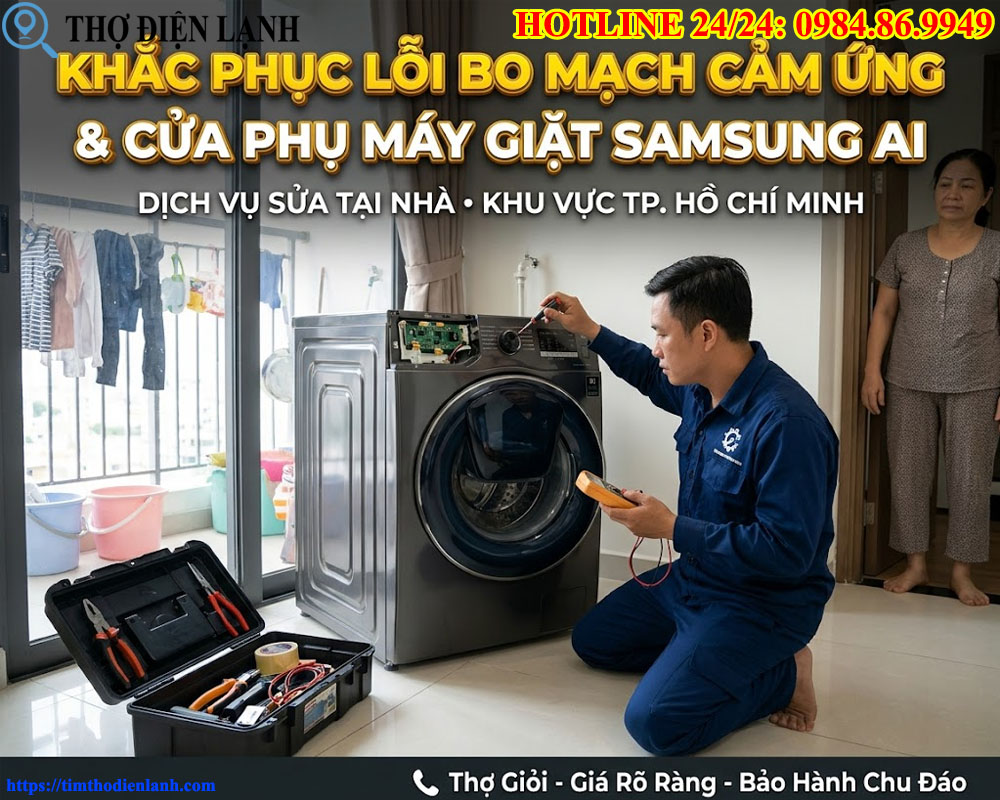 Khắc Phục lỗi bo mạch cảm ứng và cửa phụ máy giặt Samsung AI tại nhà khu vực Hồ Chí Minh