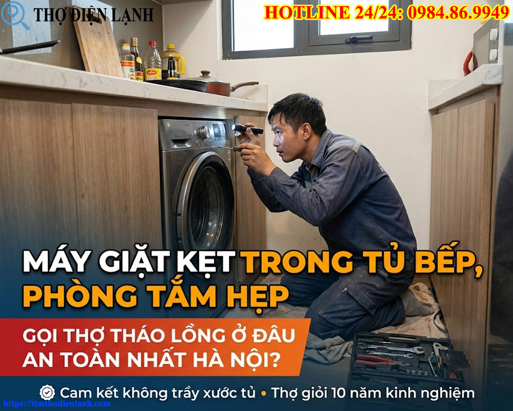 Máy giặt kẹt trong tủ bếp, phòng tắm hẹp Gọi thợ tháo lồng ở đâu an toàn nhất Hà Nội