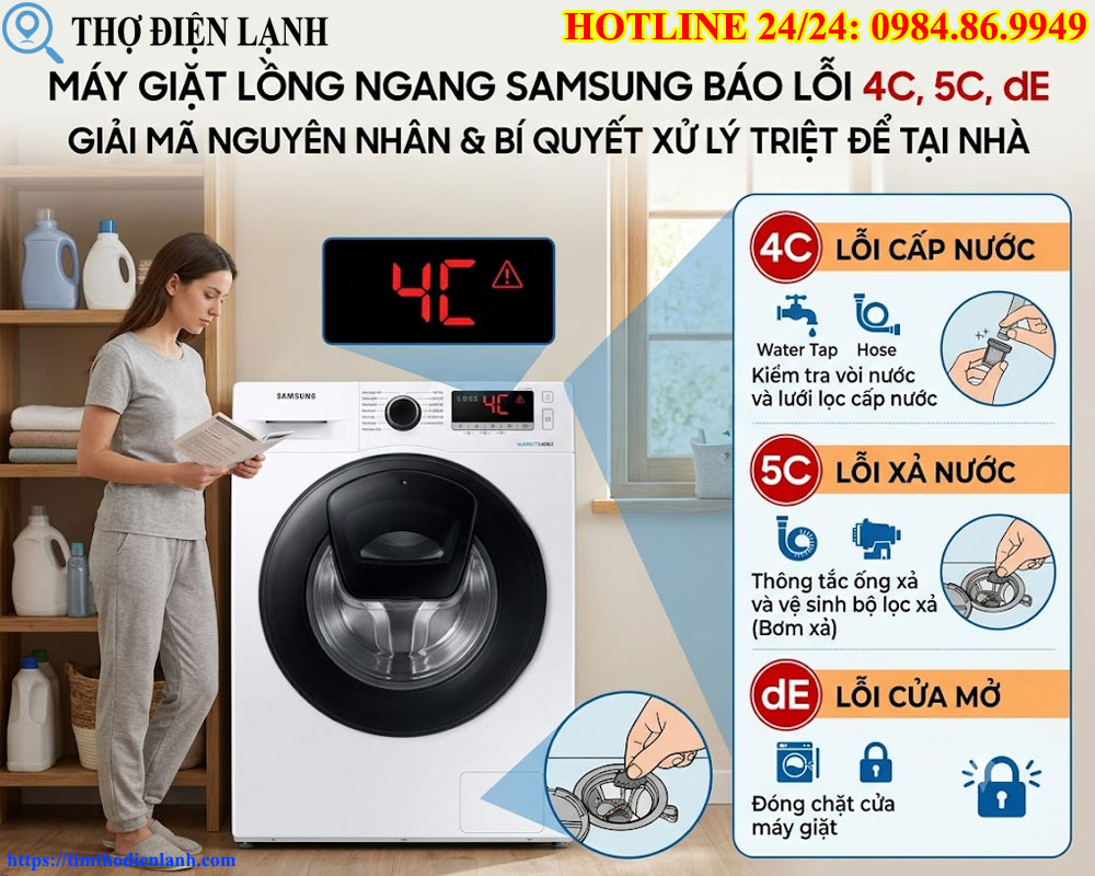 Máy giặt lồng ngang Samsung báo lỗi 4C, 5C, dE